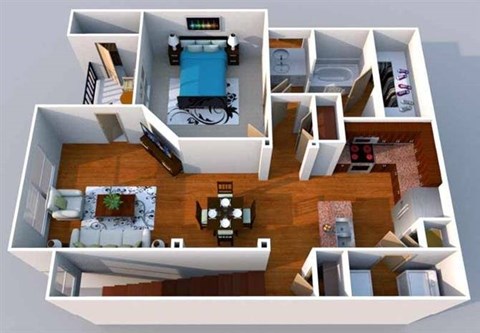 A 3D floor plan of a house with a bedroom, living room, kitchen, and bathroom.